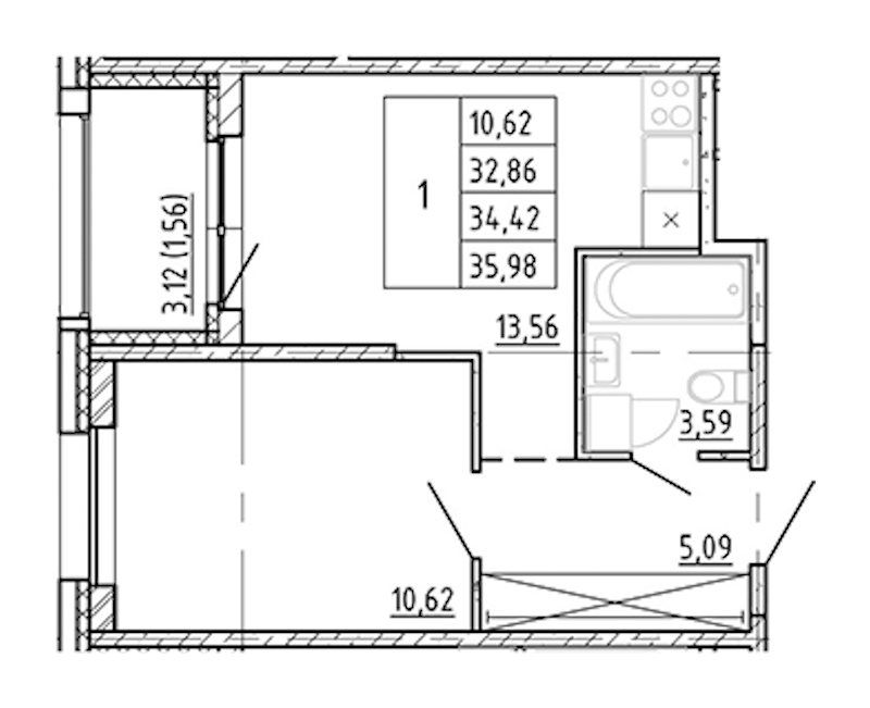 1-комнатная квартира 32.86 м², 2/12 эт., ЖК «Полис Новоселье»